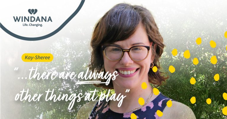 Kay-Sheree smiling at the camera in front of a green garden background. The quote "...there are always other things at play" is laid over the photo.