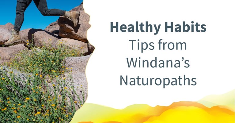 A person's legs leaping over rocks. Text reads: Healthy Habits - Tips from Windana's Naturopaths.