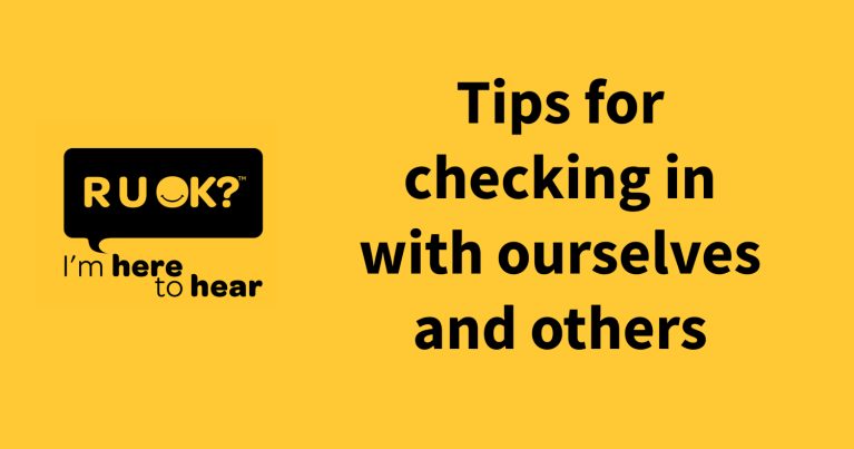 R U OK? Day logo. Text alongside reads: "Tips for checking in with ourselves and others"