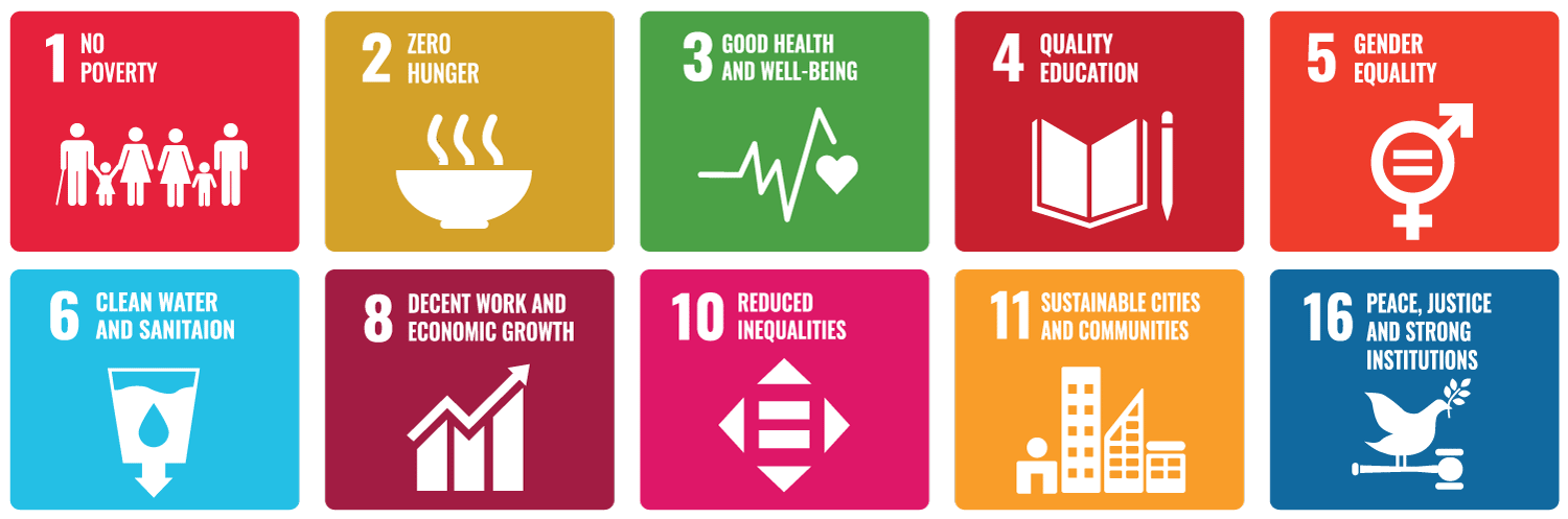 A graphic showing ten of the 17 Sustainable Development Goals: 1. No poverty 2. Zero hunger 3. Good health and well-being 4. Quality education 5. Gender equality 6. Clean water 8. Decent work and economic growth 10. Reduced inequalities 11. Su stainable cities and communities 16. Peace, justice and strong institutions