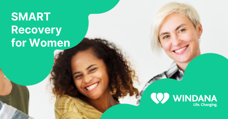 A cover image. Text reads: "SMART Recovery for Women". There's the Windana logo, and a photo of two women smiling.
